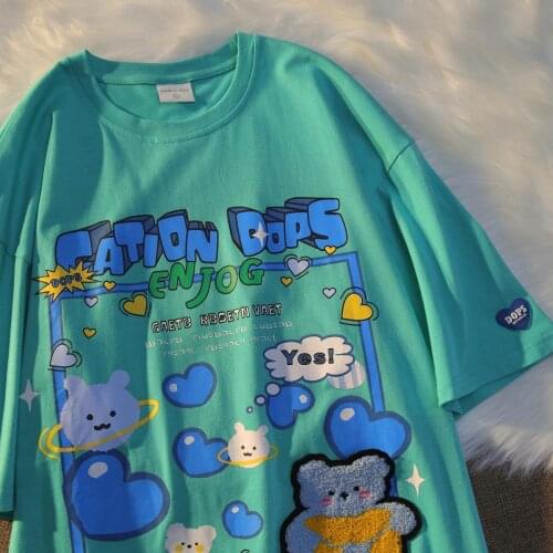 Hip Hop Streetwear Bear Embroidery Woman Tshirts Graphic Tee 2021 Summer Plus Size Tops Japanese Fashion Lovers Teens Clothes