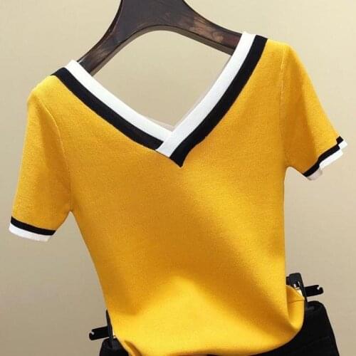V-Neck Short Sleeve Shirt Women Contrast Color Striped Knitted 2021 Summer Tops Shirt Femme Korean Clothes Camisetas Mujer 13362