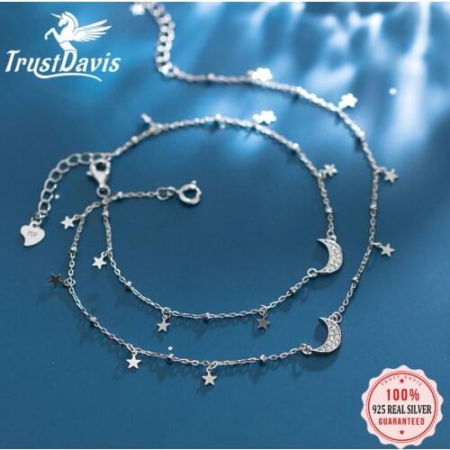 Trustdavis Authentic 925 Sterling Silver Fashion Dazzling CZ Moon Star Bracelet Anklets For Women Fine Silver Jewelry Gift DA623