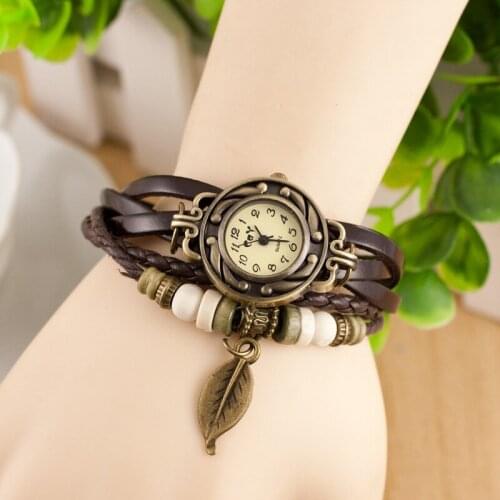 CAY Womens Watches Fashion Leather Weave Strap Leaves Vintage Bracelet Dress Watch Ladies Quartz Wristwatches Relogio Feminino