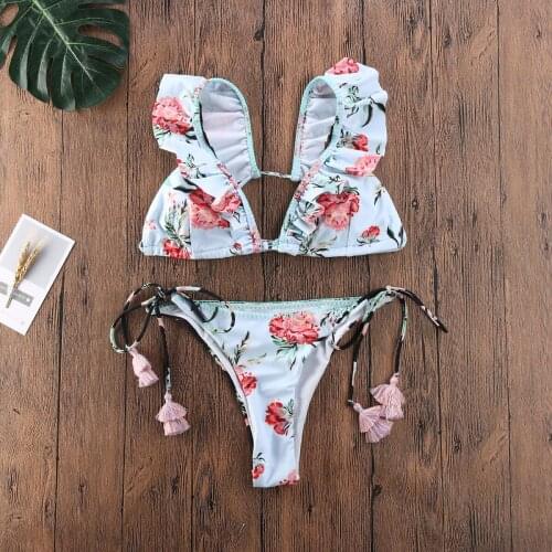 2021 Sexy Women Two Piece Bikini Set Push-Up Padded Swimwear Floral Ruffle Swimsuit Summer Bathing Suit Brazilian Bikini