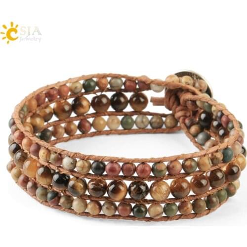 CSJA Boho 3 Layers Wrap Bracelets Natural Stone Tiger Eye Beaded Leather Bracelet Handmade Braided Bangle Jewelry for Women S601