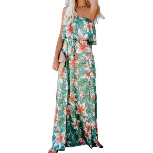 2021 Summer Female Dress, Floral Print Sleeveless Strapless Off Shoulder Dress for Women, Green, S/M/L/XL
