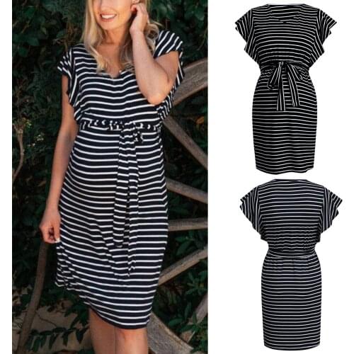 Womens Maternity Pregnancy Short Sleeve Ruffle Pregnant Striped Dress Summer Comfortable Ladies Bandage Belt Dress Vestidos#l