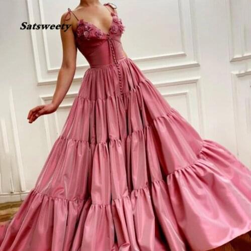 Elegant Pink V-Neck Pleated A-Line Prom Dress Sexy Spagetti Straps Backless Evening Dress Plus Size Party Dress with Flowers