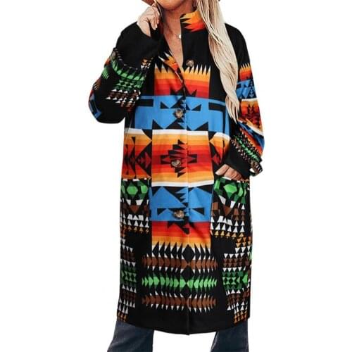 Women Winter Warm Long Sleeve Color Block Retro Floral Print Coat Outerwear