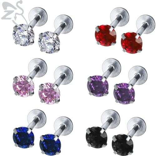 ZS 12Pcs/lot CZ Crystal Labret Piercing Stainless Steel Lip Piercing Studs Set for Women Girls Helix Conch Piercing Earrings