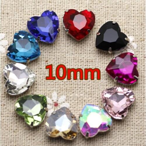 50pcs 10mm Mix Color Heart Shape Sew On Rhinestone With Claw Setting Silver Back Fancy Stone With Metal Claw 4 Holes