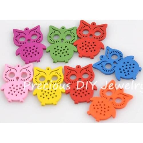50pcs 54x35mm Cute Neon Hollowed-out Owl Pattern Decoration Wood Crafts Charms For Sewing Scrapbooking Crafts YJ15501-23