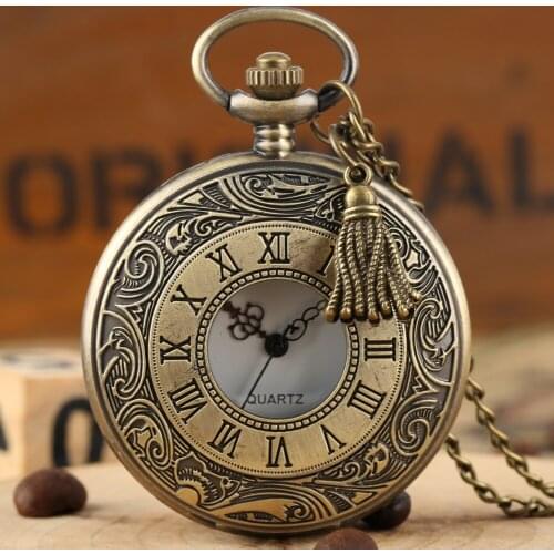 Antique Bronze Quartz Pocket Watch Vintage Hollow-out Necklace Chain With Small Tassel Men Women Xmas Gift Relogio De Bolso