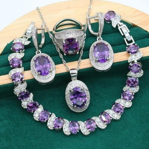Noble Geometric Purple Zircon Silver Color Jewelry Set for Women Dubai Bracelet Earrings Necklace Ring Birthday Bridal Gift