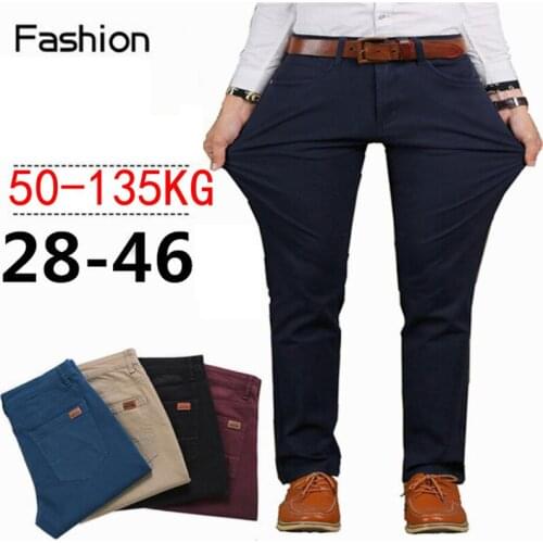 Pants Men Business Straight Cotton Trousers Stretch Elastic Slim Fit Casual Large Plus Size 42 44 46 Khaki Black Red Blue Pant