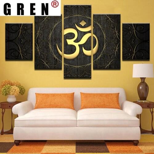 GREN Abstract Canvas Paintings Posters Prints 5 Pieces Buddha OM Yoga Golden Symbol Sofa Wall Art Picture Home Decor Living Room