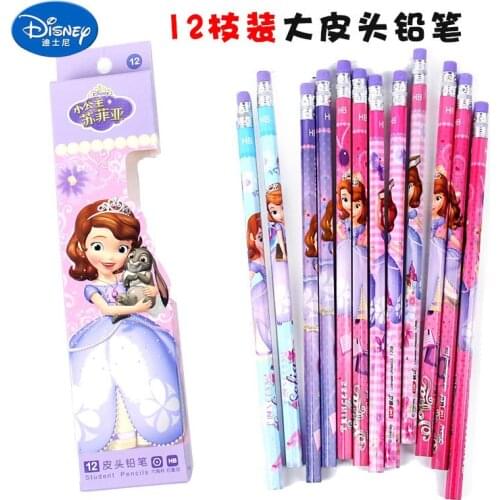 12pcs Disney Sophia Pencil Color Wood Pole HB Boxed Writing Childrens Painting Eraser Pencil Learning Office Supplies Gift