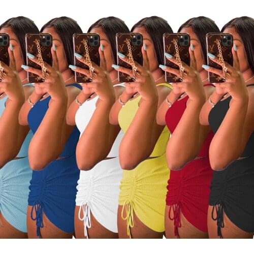 Summer Clothing Sexy Ladies Outfits Shirring Bandage Backless Joggers Bikini Sweat Women Two Piece Pants Biker Short Set