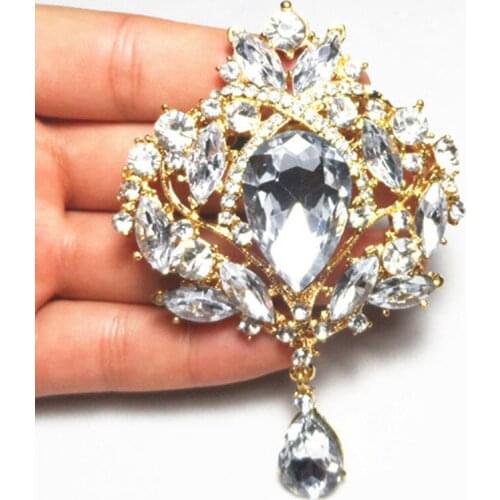 Hot Selling Huge Waterdrop Pendent Big Flower Brooch Luxury Elegant Wedding Bridal Dress Brooch