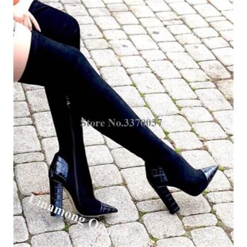 Linamong Newest Fashion Pointed Toe Patchwork Chunky Heel Over Knee Boots Black Suede Slim Banded Long Thick High Heel Boots