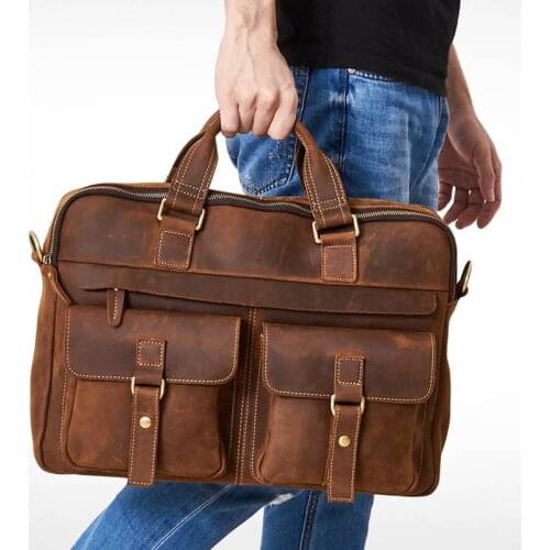 Luufan Mens Briefcase Genuine Leather Laptop Bag 15" PC Double Lawyer Computer Bag Cowhide Male Briefcase Men Work Tote HandBag