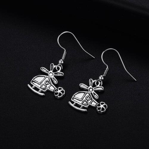 Trendy Vintage Helicopter Shape Dangle Antique Silver Plated Earrings for Women Girl Retro Drop Earrings Cute Earring Jewelry
