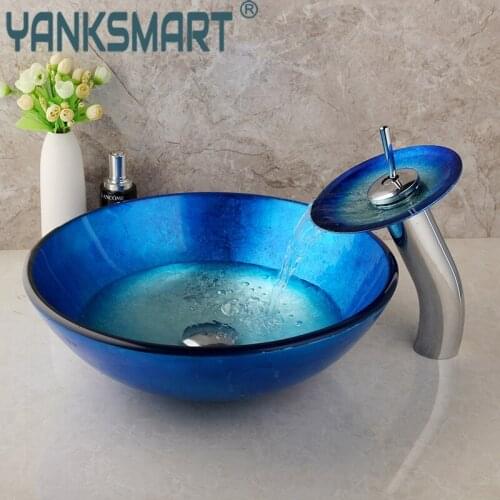 YANKSMART Bathroom Basin Faucet Set Round Basin Sink Deck Mount Tap Sink Washing Basin Glass Hand-Painted Lavatory Brass Tap Set