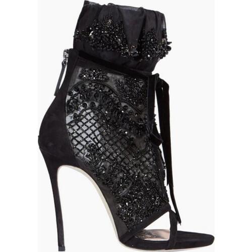 New Fashion Women Open Toe Black Mesh Ankle Wrap Rhinestone High Heel Boots Lace-up Crystal Super High Ankle Boots Wedding Shoes