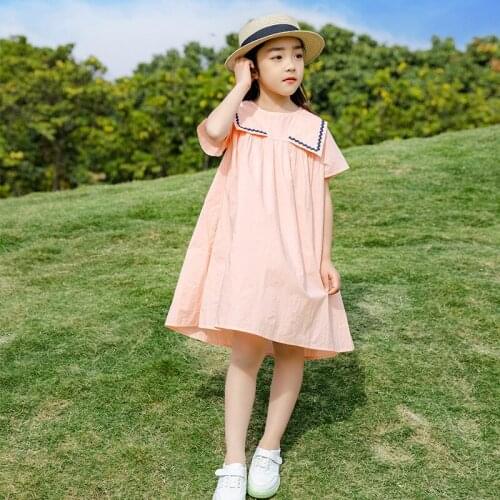 5 To 15 Years Teen Dress Girls Clothing Pink Summer 2021 New Short Sleeve Kids Casual Dress Baby Children Dress Big Collar