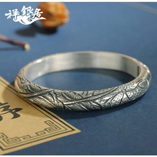 Hand relief antique national style lotus interface Fu Zi foot silver men and women silver jewelry pure silver bracelet