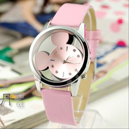 Fashion Mickey Women Watches 2017 quartz casual transparent hollow dial leather wristwatches women dress watch relogio feminino