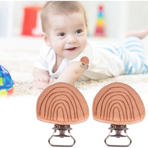 2Pcs DIY Dummy Chain Toys Accessories Wooden Pacifier Clips Beech Engrave Rainbow Baby Teether Safety Clasp Holder