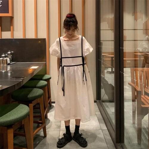 Puff Sleeve Loose Lazy Ins Dress Womens Dresses Japanese Harajuku Vintage Ulzzang Female Korean Kawaii Cute Clothing For Women