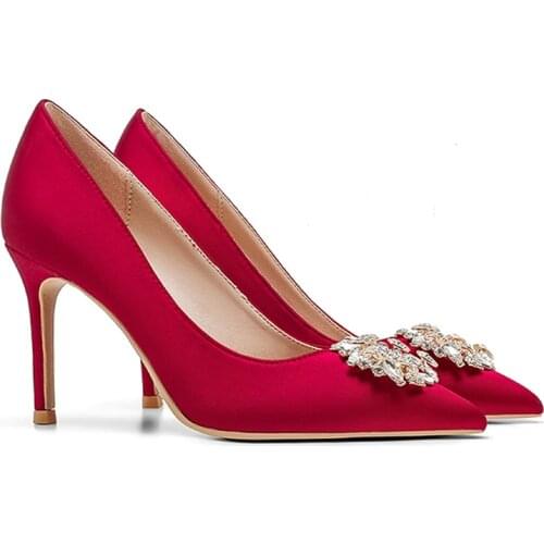 Size 33-42 Spring Autumn Pointed High Heels Shoes Women Red Wedding Shoes Rhinestone Thin High Heels Fashion Party Pumps