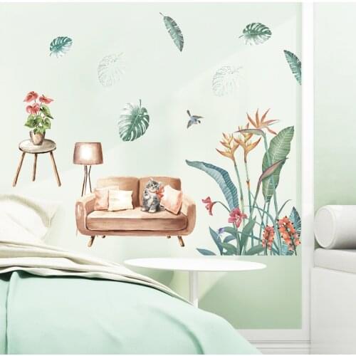Home Decoration Water Color Cartoon Cat Garden Life Nordic Leaves Modern Room Decor Stickers Self Adhesive PVC Mural art Decals