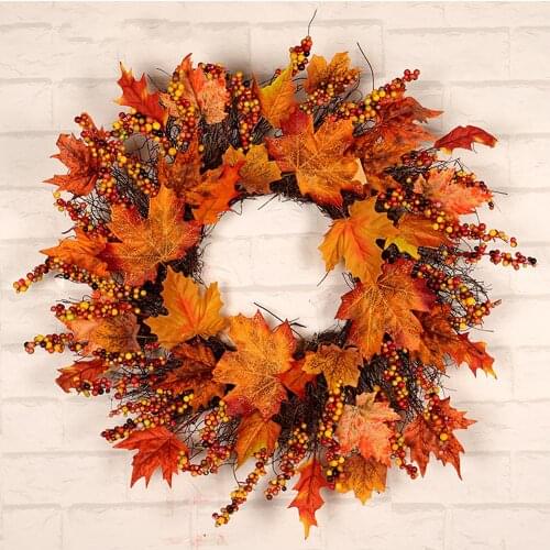 45cm Halloween Wreath Pumpkin Berry Decoration Maple Garland Rattan Artificial Fall Wreath Front Door Home Decor