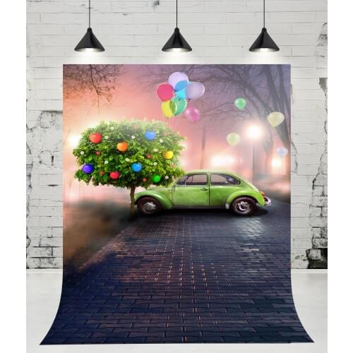 VinylBDS Night Road Light Green Car Photography Backdrops Colorful Balloons Green Trees Photo Studio Wedding Background for Kids