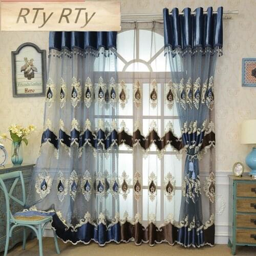European Style Chinese Version Embroidered Luxury Curtains for Living Room Balcony Blue Coffee Sheer Tulle Curtain Decor M021-4
