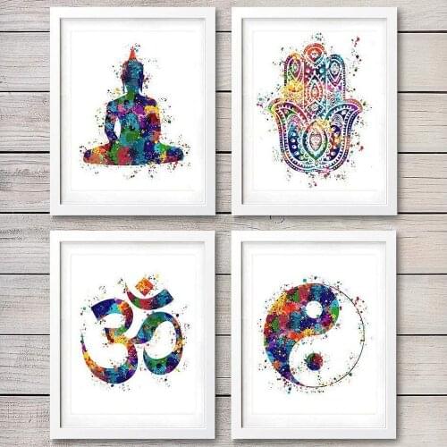 Yoga Art Canvas Painting Poster Hand of Fatima Lotus Meditation Tai Chi Murals Gym Bedroom Home Wall Decor Pictures Just Breathe