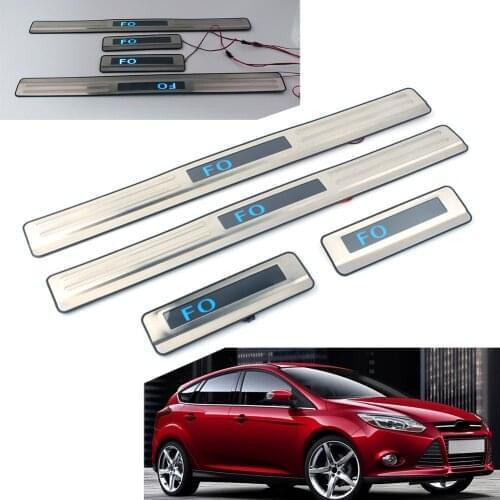 Stainless Car Door Sill Scuff Plate Cover Guard Protector Blue LED Light w/ Logo for Ford Focus 2011 2012 2013