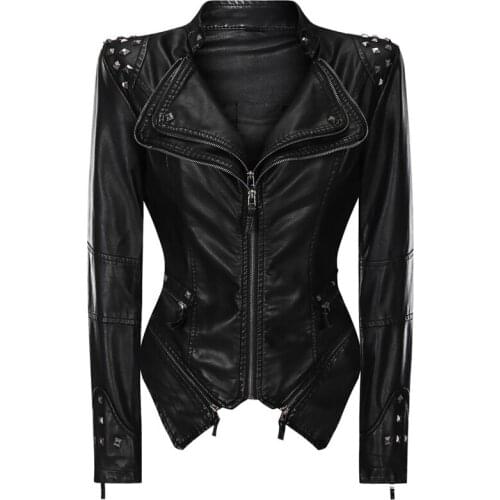 2021 New Leather Jacket Women Fashion Faux PU Jackets Ladies Sexy Black Motorcycle Biker Streetwear Gothic Rivet Coat Chaqueta