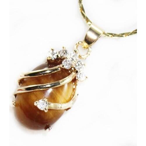 Womens fashion gold plated egg shaped tiger eye stone bag with White Diamond Pendant Necklace