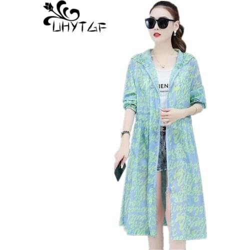 UHYTGF Mid-Length Oversized Thin Sun Protection Clothing Printed Ice Silk Breathable Summer Jacket Women Hooded Female Coat 2096