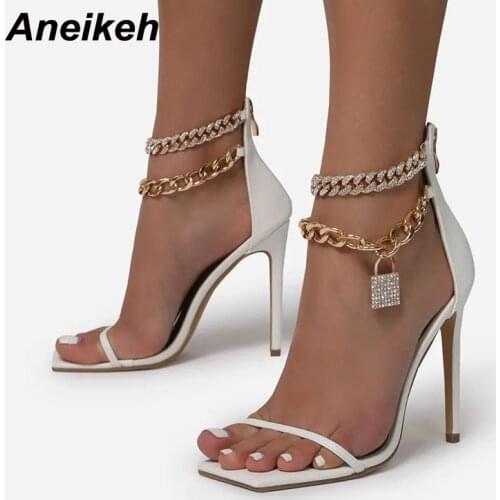 AneikehNEW Fashion PU Sexy Summer Thin Heels Pumps Sandalias De Las Mujeres Gladiator Shallow Solid Metal Decoratio ZIP Concise