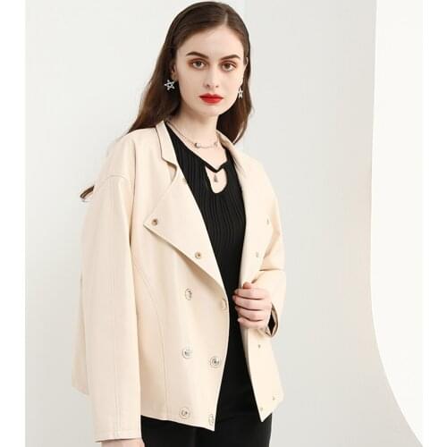 LUHAYESA Women Quality Autumn Beige Genuine Leather Sheepskin Clothing Female Slim Big Suit Collar Leather Coat