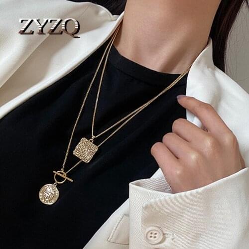 ZYZQ Korean Harajuku Double-Layer Metal Square Round Pendant Necklace For Women Winter Trendy Sweater Chain Birthday Gift