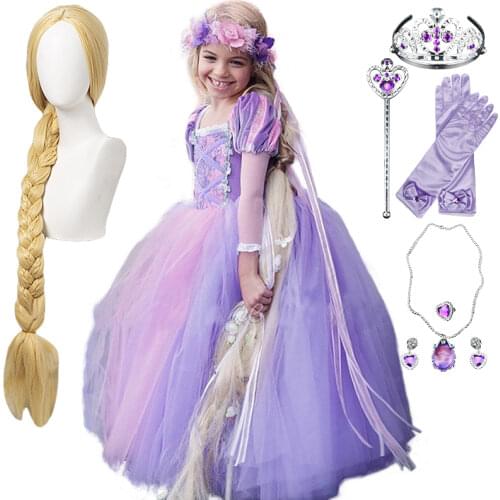 High Quality Girl Rapunzel Wig + Princess Dress Halloween Child Sleeping Beauty Cosplay Sofia Tulle Tutu Ball Gown Kids Clothing