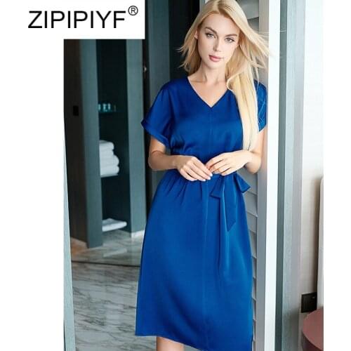 Women dress summer Elegant puff sleeve v-neck dresses female mid waist sash dress ruffled new E005