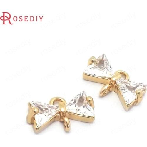 39720)10PCS 7x12MM 24K Champagne Gold Color Brass and Zircon 2 Holes Bow-knot Connect Charms Pendants Jewelry Making Supplies