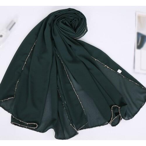 Wholesale Arab Fashion Women Long Scarf Beaded Chain Edges Chiffon Hijab Plain Headband Shawls Muslim Soild Headscarf Bandana