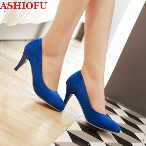ASHIOFU Hot Sale Womens 7cm High Heels Pumps Faux-suede Pointed-toe Party Office Shoes Slip-on Daily Wear Fashion Court Shoes