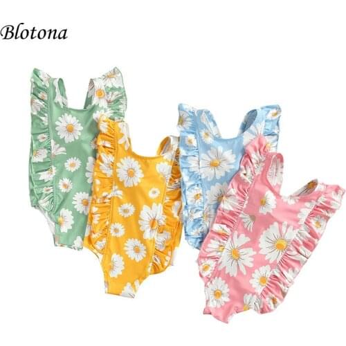 Blotona Little Girls Sweet Daisy Print One-Piece Swimsuit Fashion Back Bandage Ruffles Sleeveless Swimwear 6Moths-5Years