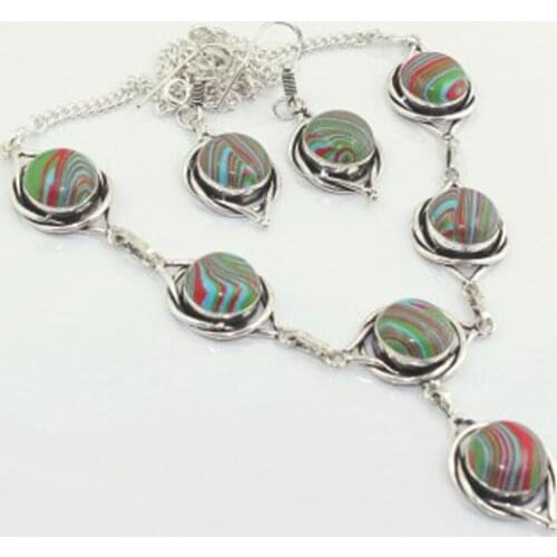 Rainbow CALSILICA Necklace Earing Silver Overlay over Copper , 48 cm, N3068